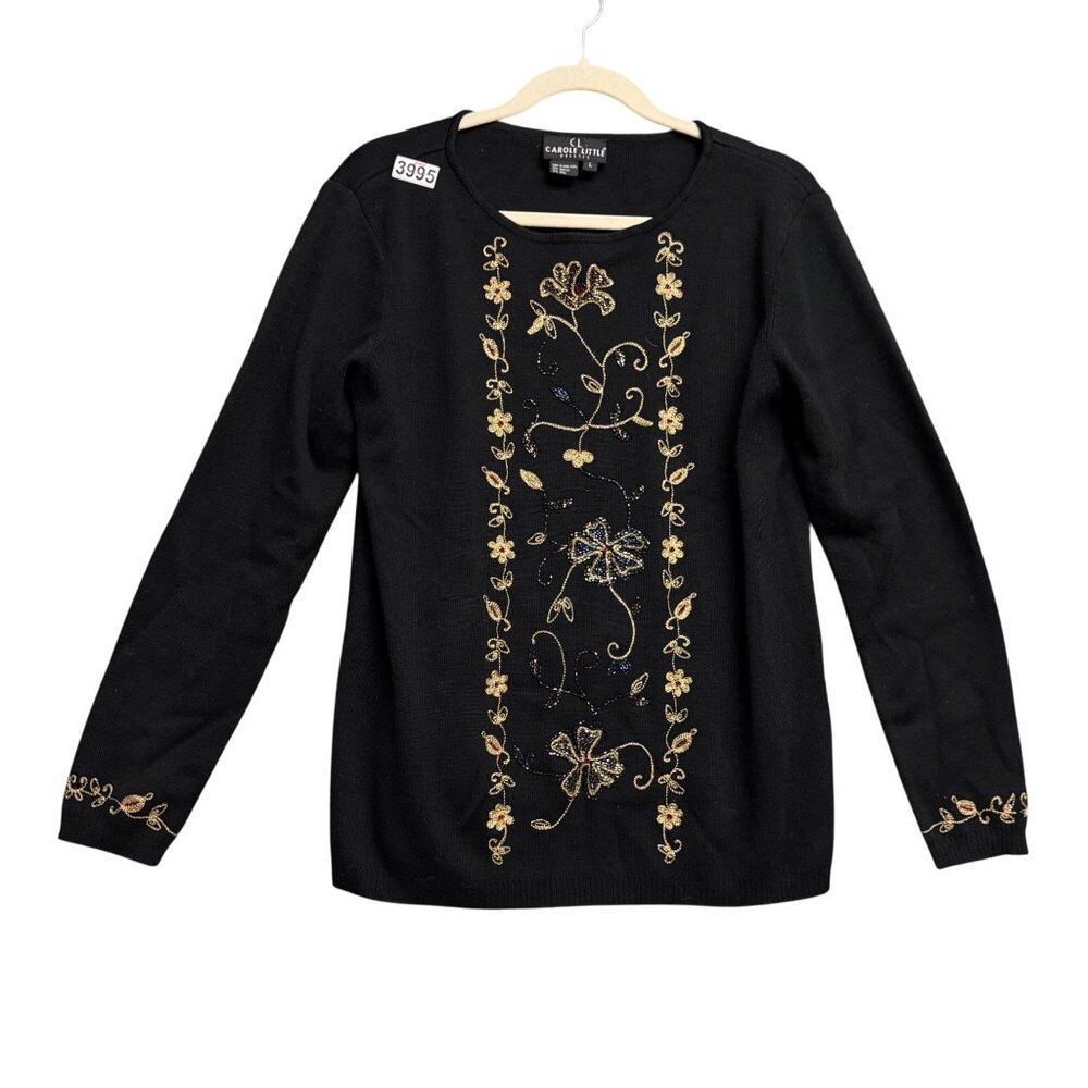 Carole Little Women Pullover Sweater SZ L Beaded Embroidered Floral Knit Black